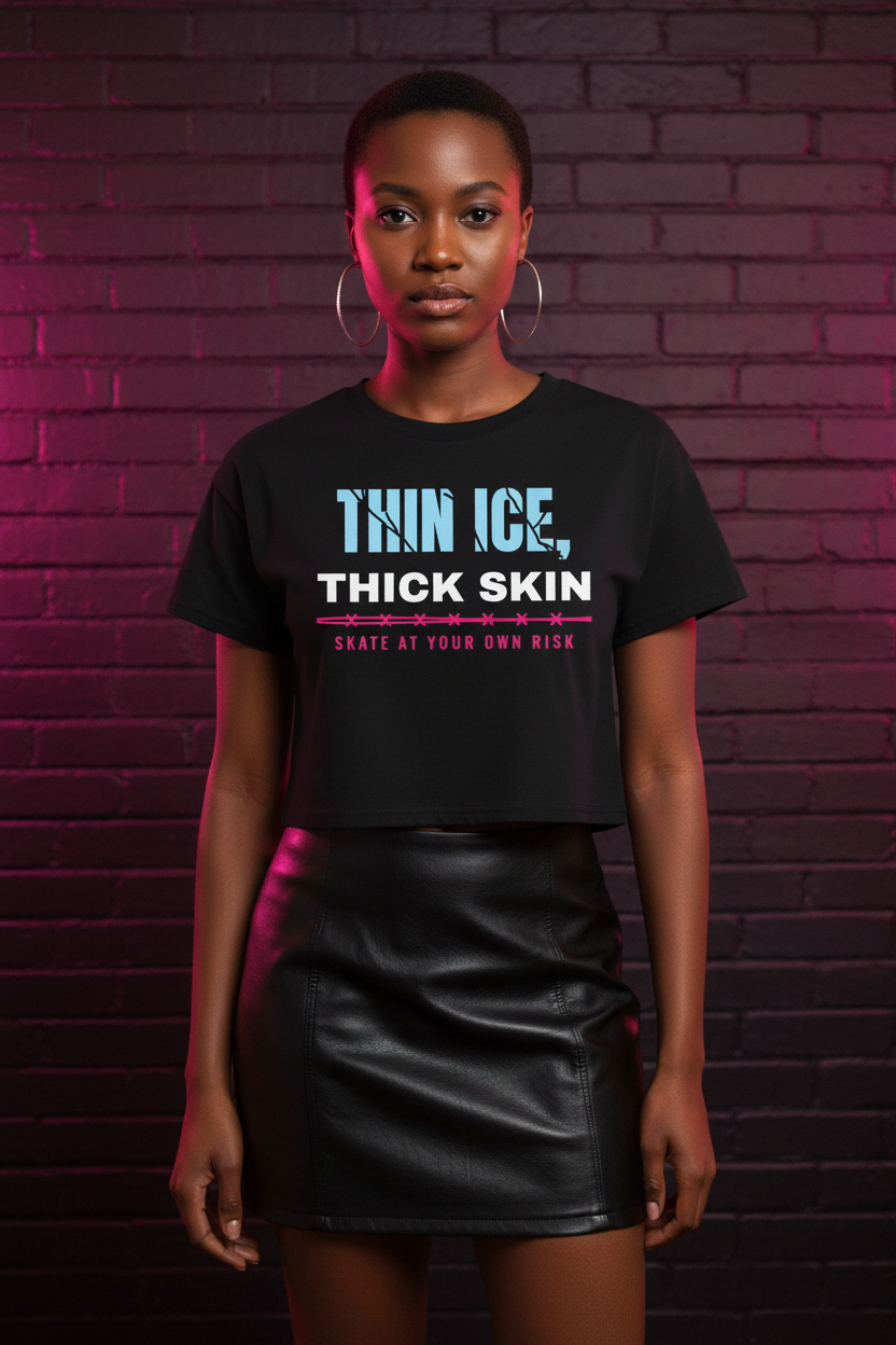 Woman with a buzz cut and hoops in the black Thin Ice Thick Skin crop top