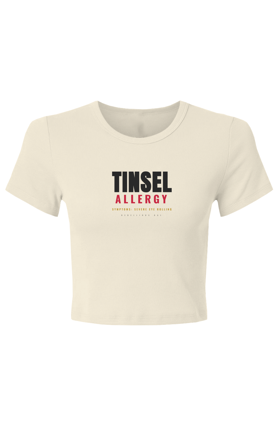 Bone baby rib crop tee with Tinsel in black above Allergy in deep red