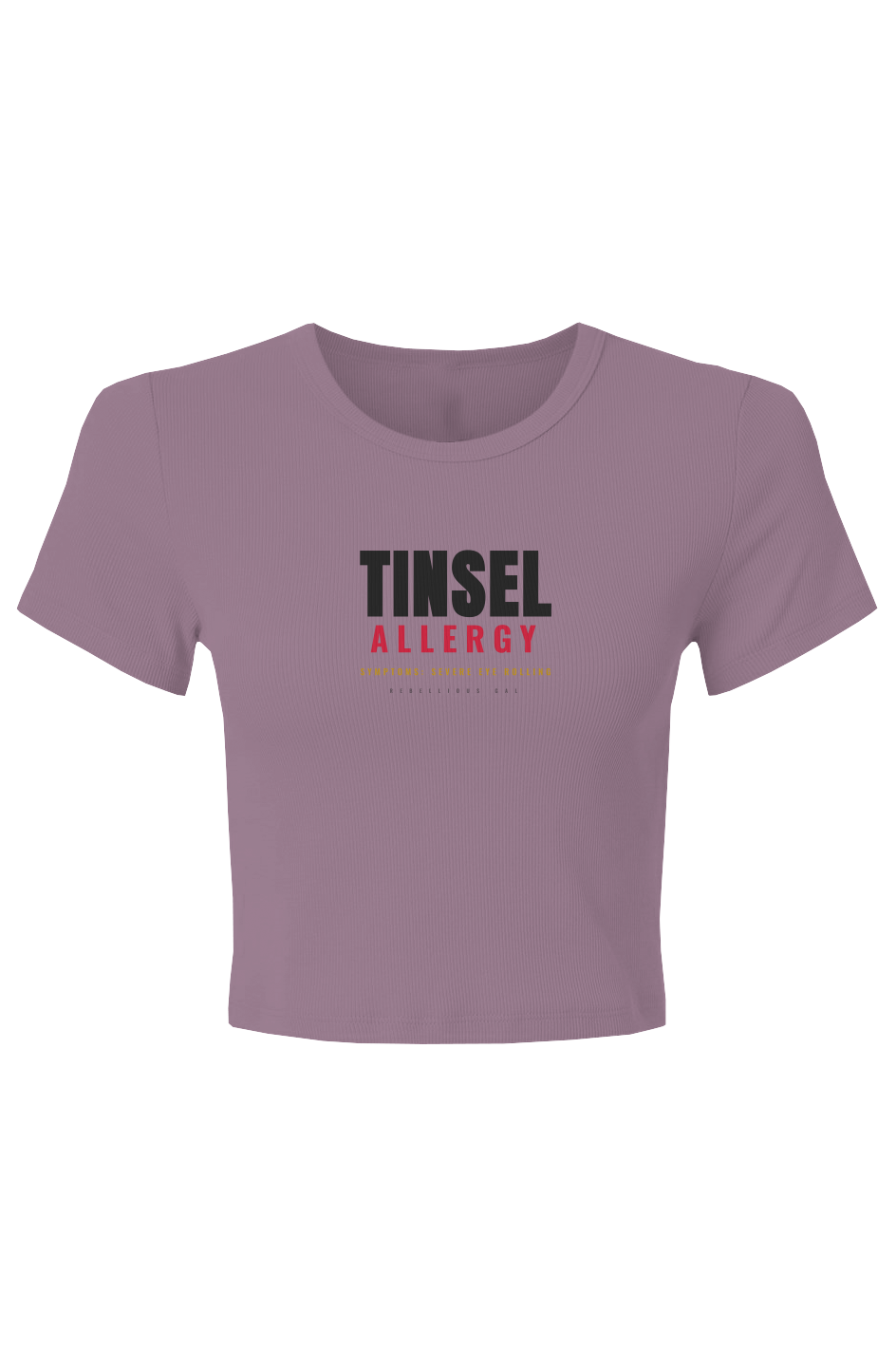 Smokey Violet baby rib crop tee with Tinsel in black above Allergy in deep red