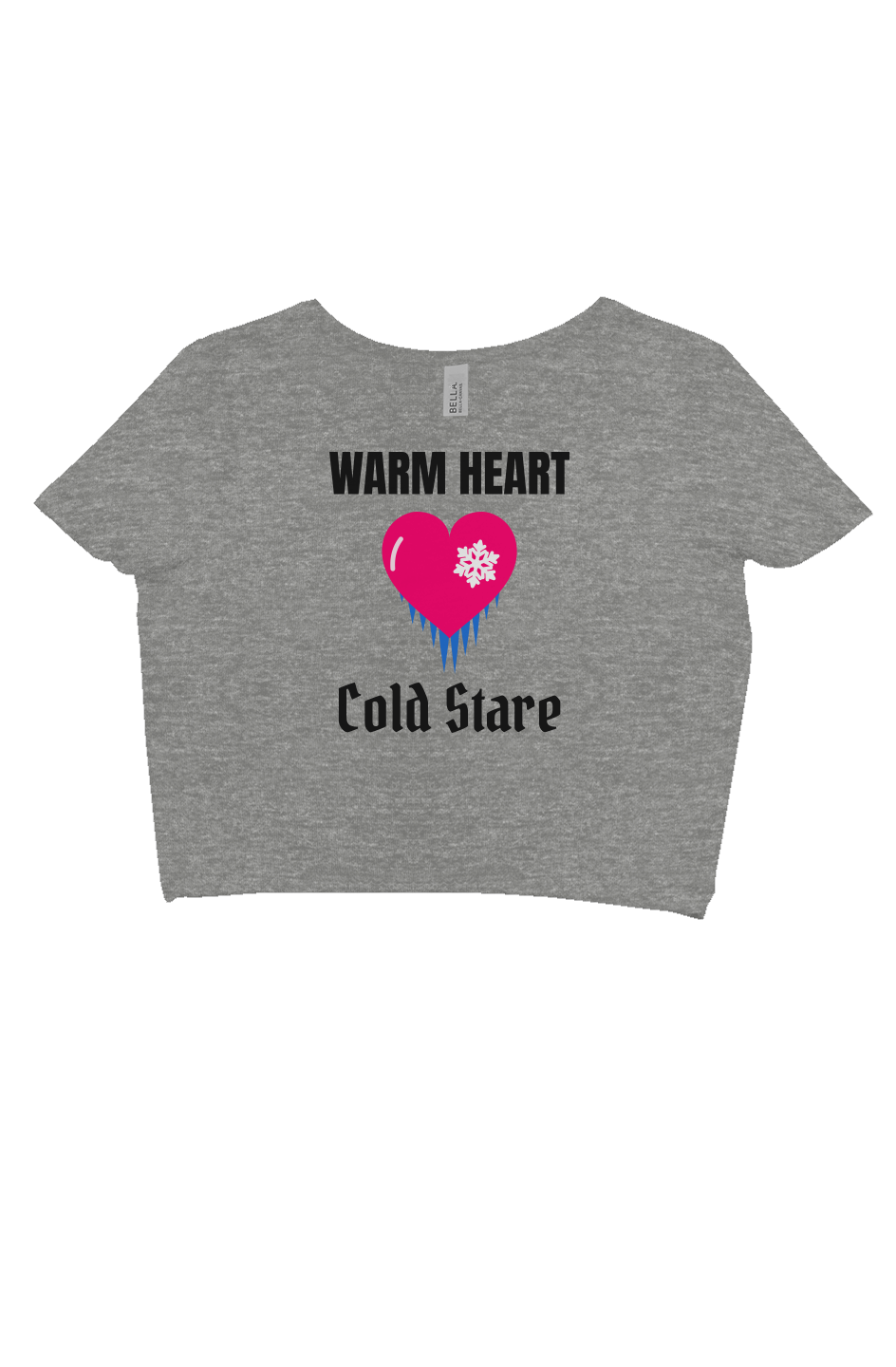 Deep Heather fitted crop tee with a pink heart dripping icicles and Cold Stare