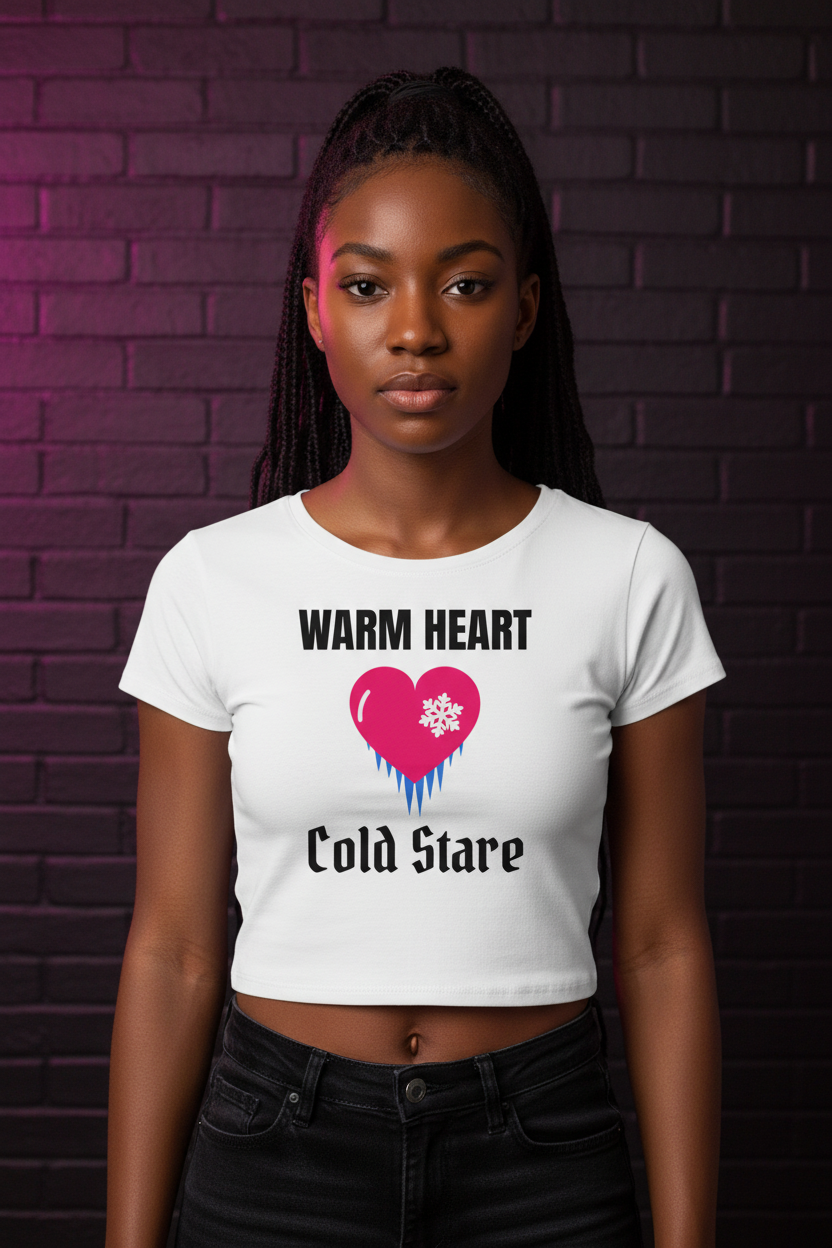 Woman with tied-back locs in the white Warm Heart Cold Stare crop tee, brick wall