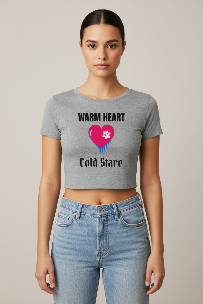Woman with a sleek low bun in the deep heather Warm Heart Cold Stare crop tee