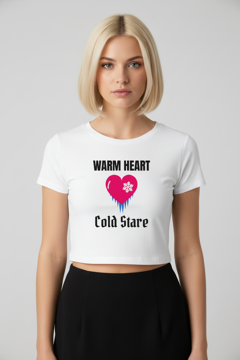 Woman with a blonde bob in the white Warm Heart Cold Stare crop tee, studio backdrop