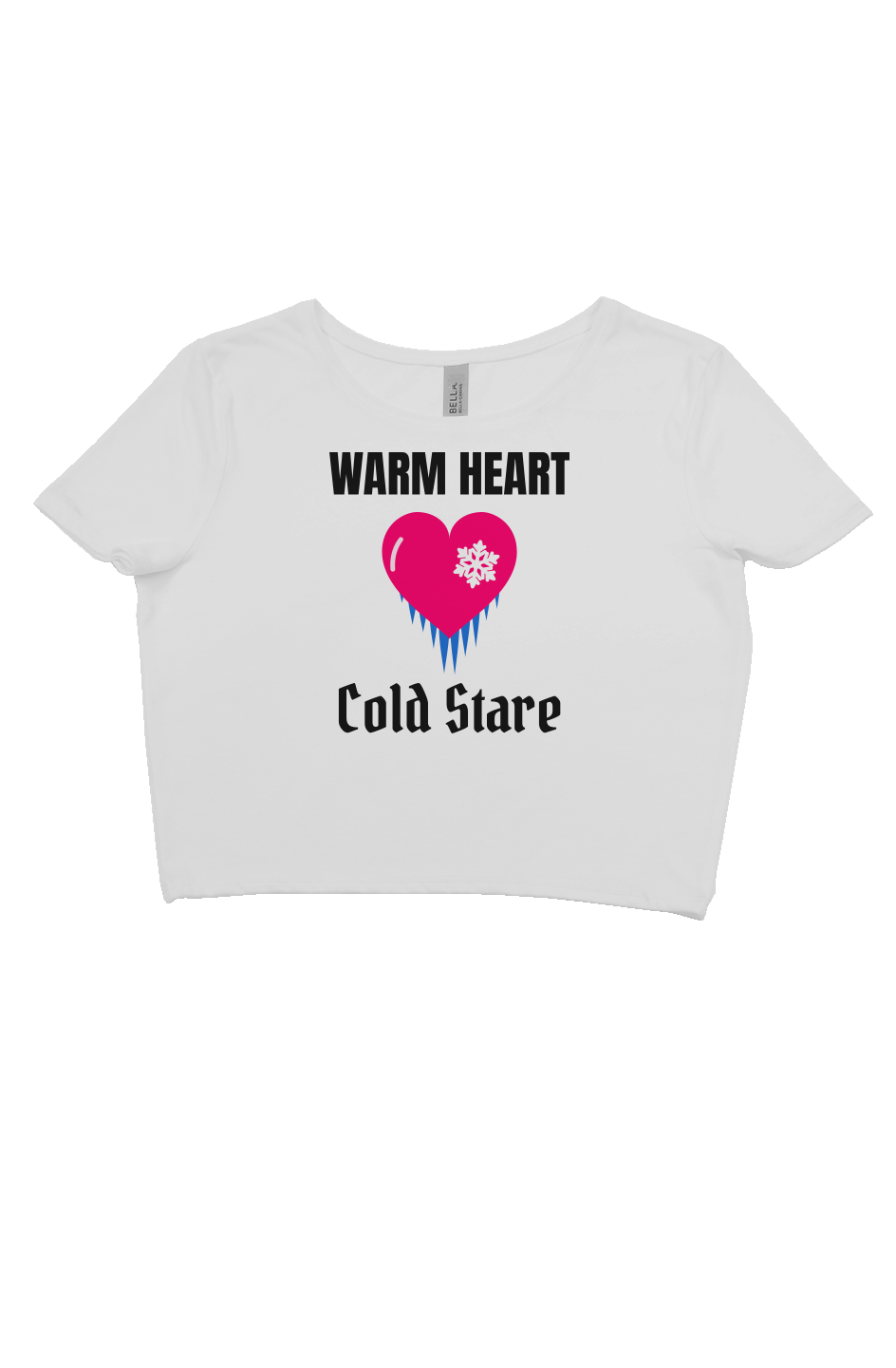 White fitted crop tee with a pink heart dripping icicles and Cold Stare