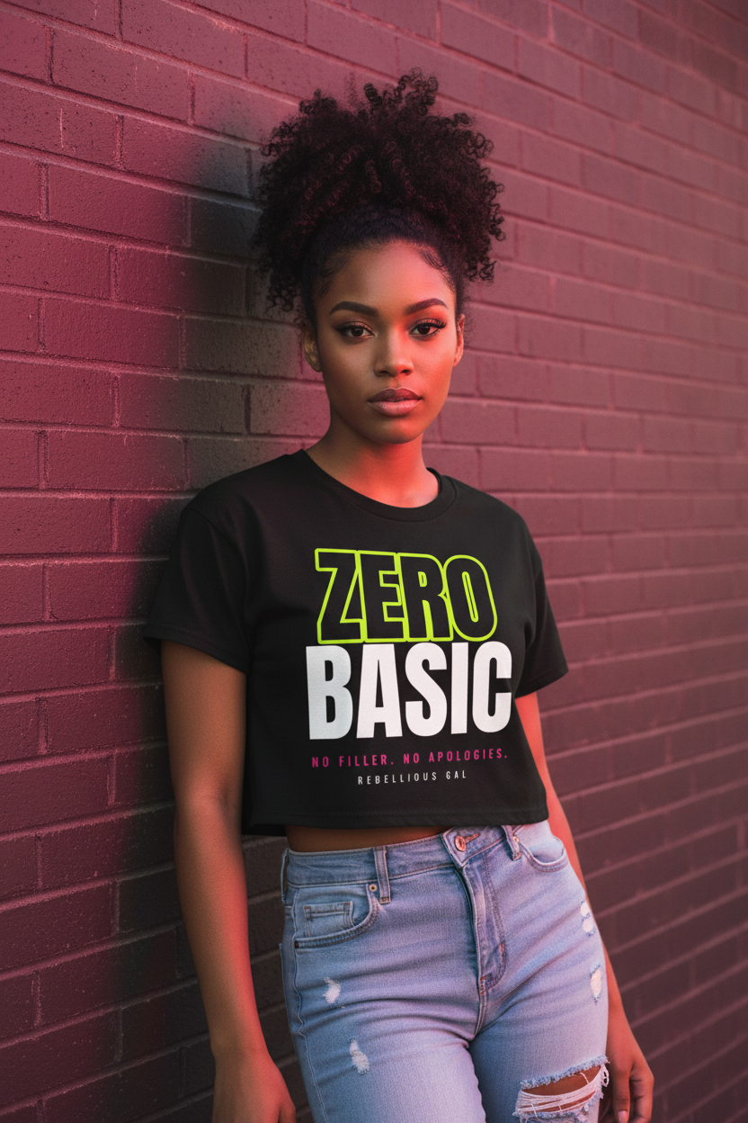 Woman with a curly ponytail in the black Zero Basic boxy crop top, pink-lit brick wall
