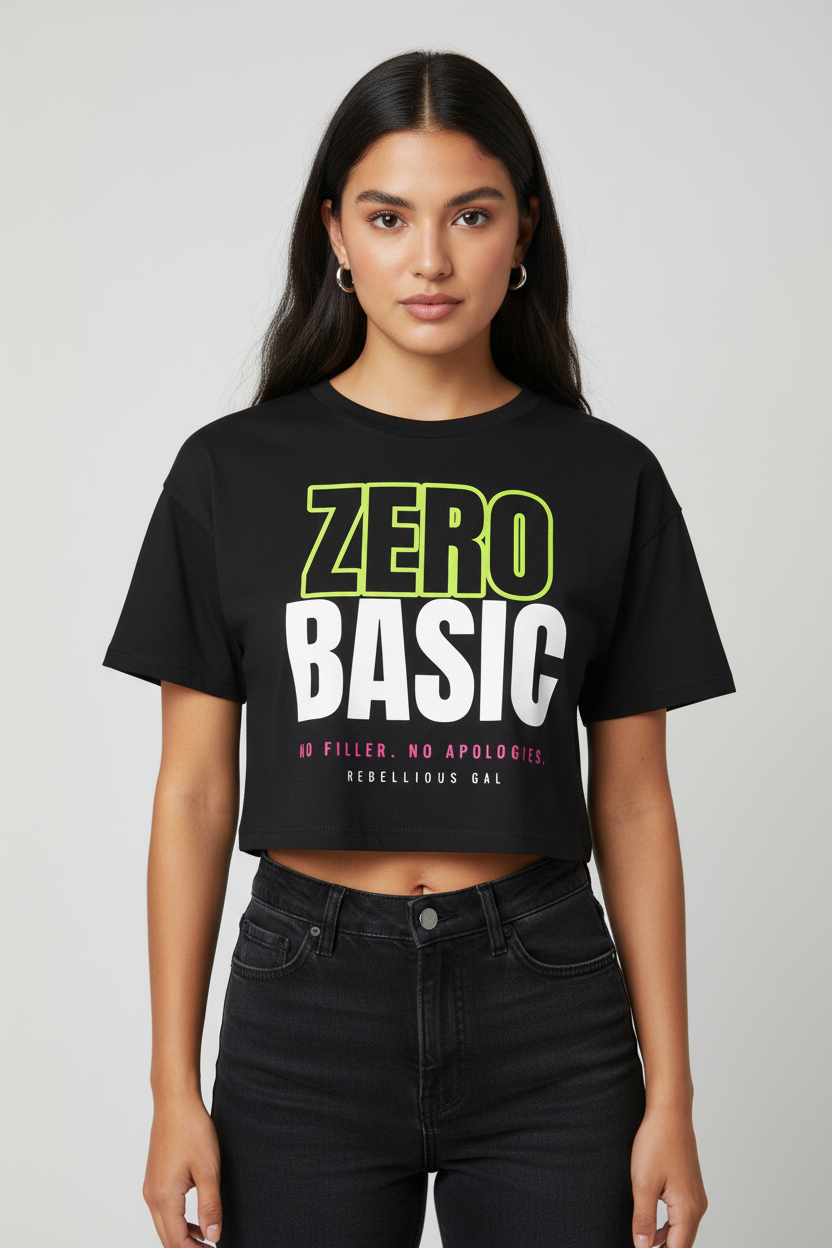 Woman with long dark hair and silver hoops in the black Zero Basic boxy crop top
