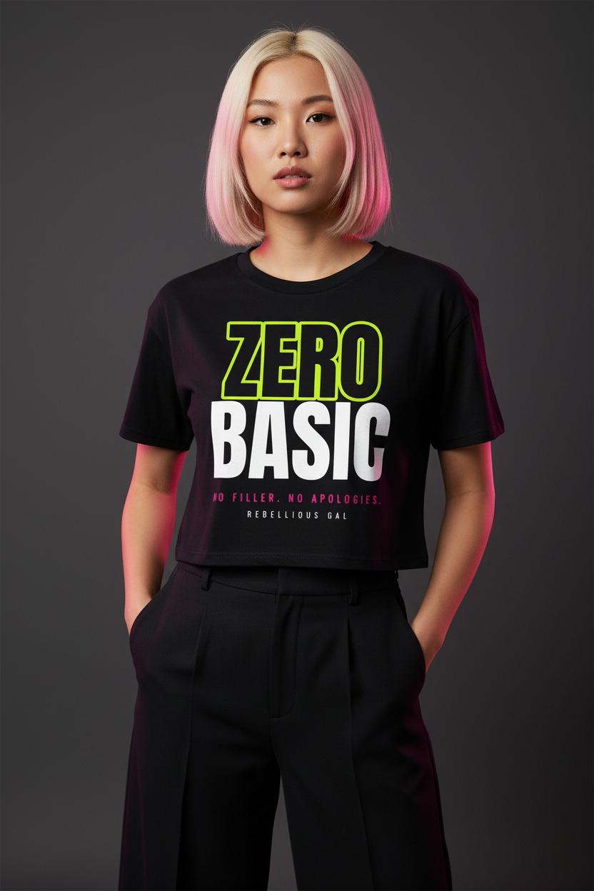 Woman with a bleached bob in the black Zero Basic boxy crop top and wide-leg trousers