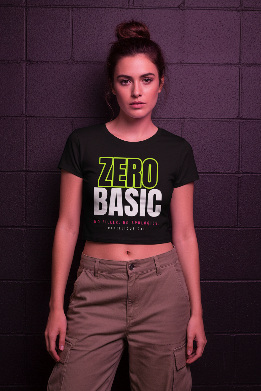 Woman with a messy bun in the black Zero Basic fitted crop tee, pink-lit brick wall