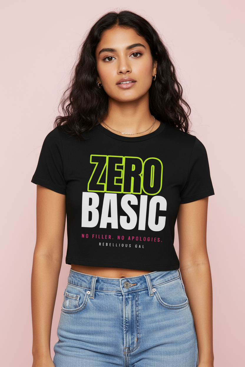 Woman with wavy dark hair in the black Zero Basic fitted crop tee, pale pink backdrop