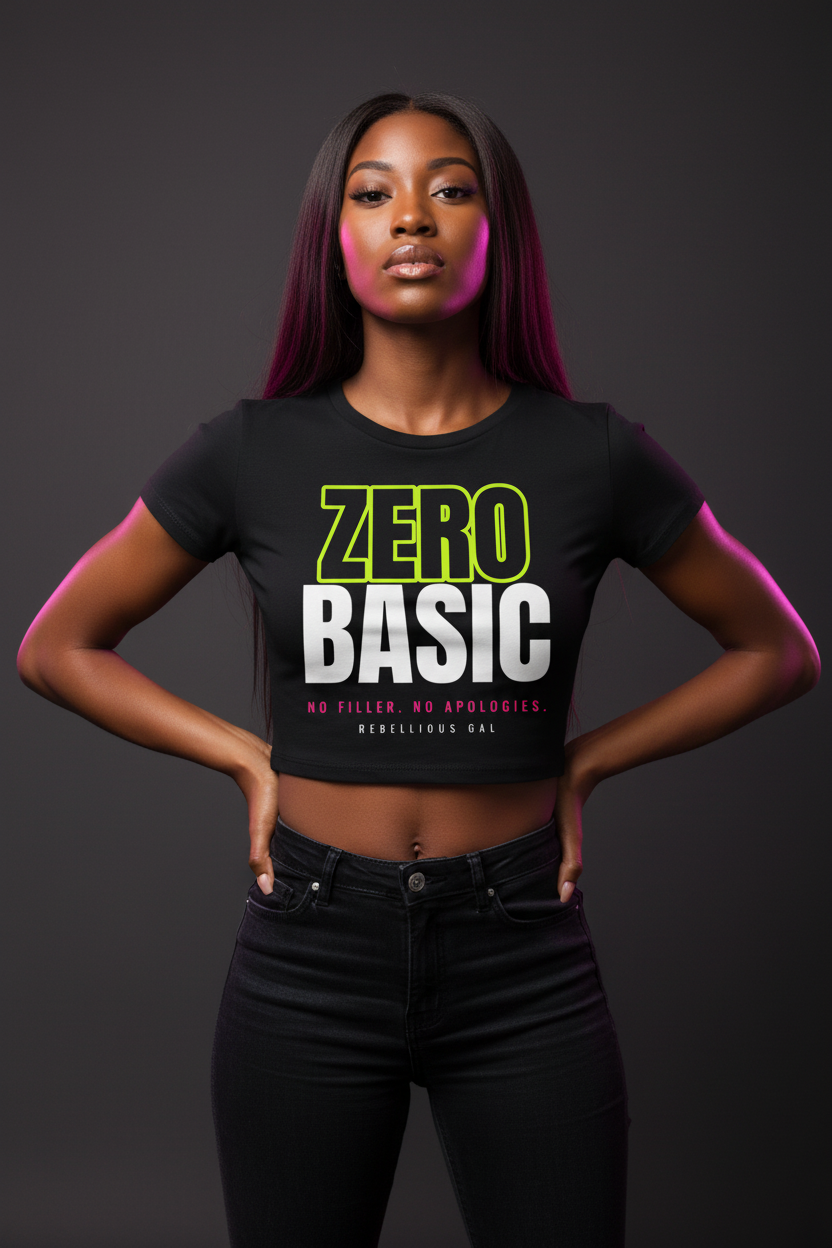 Woman with long sleek hair in the black Zero Basic fitted crop tee and black jeans