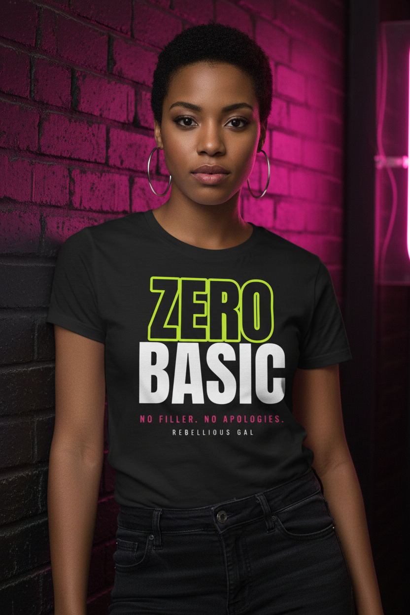 Woman with cropped hair and silver hoops in the black Zero Basic crew neck tee