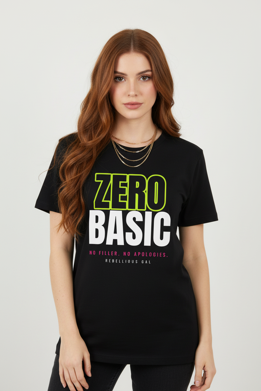 Woman with long auburn waves in the black Zero Basic crew neck tee and gold chains