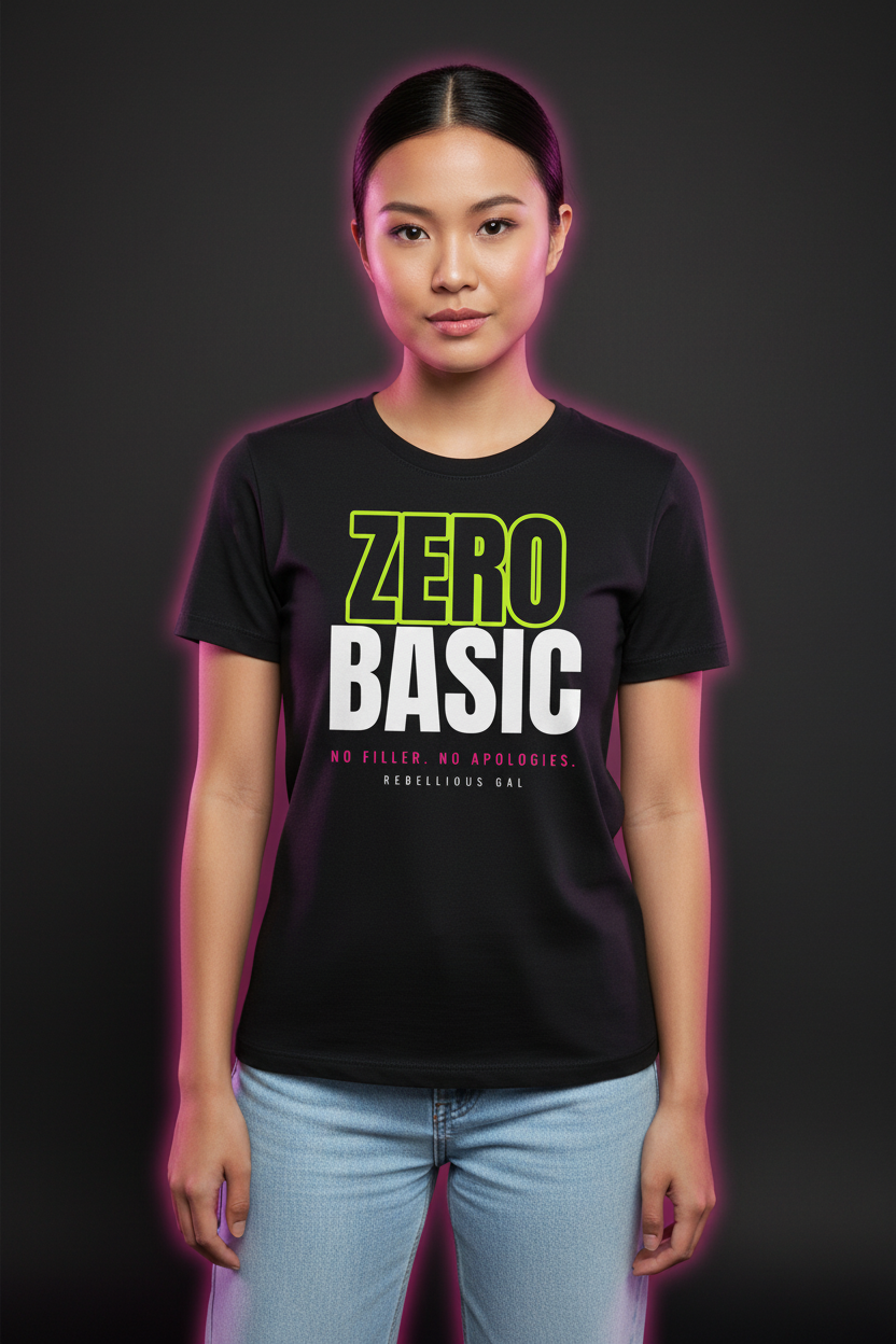 Woman with a sleek low bun in the black Zero Basic crew neck tee and jeans