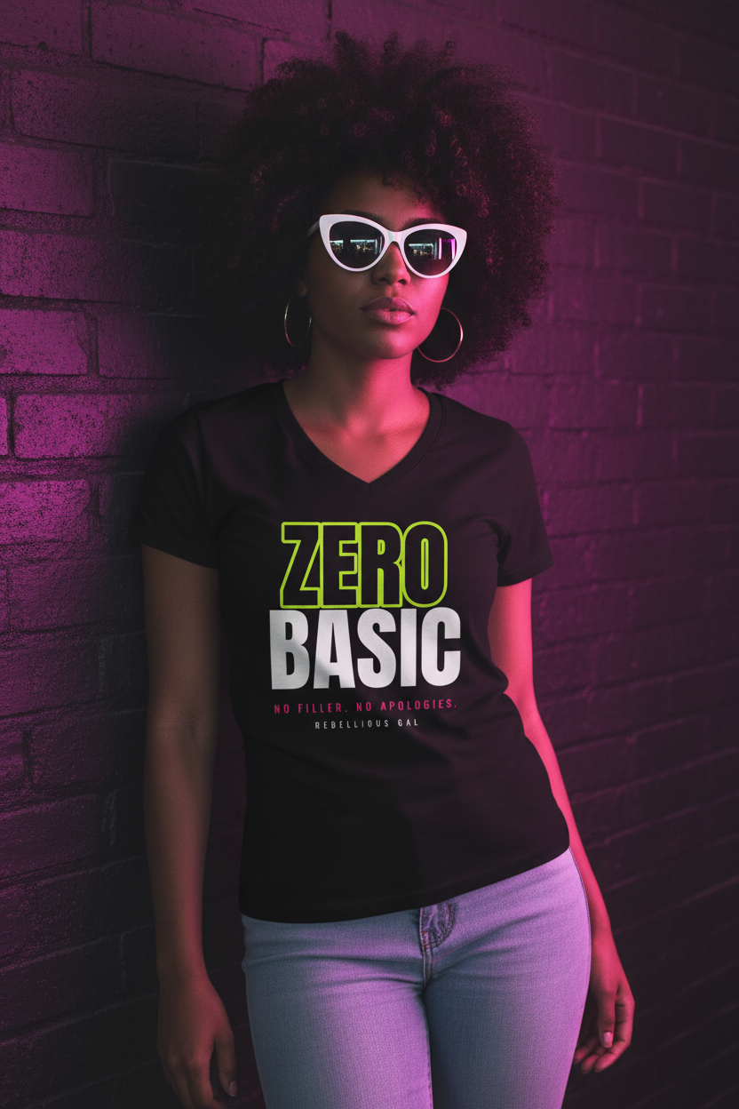 Woman with an afro puff and white cat-eye sunglasses in the black Zero Basic V-neck tee