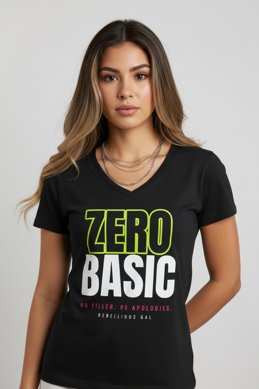 Woman with balayage hair in the black Zero Basic V-neck tee and layered silver chains