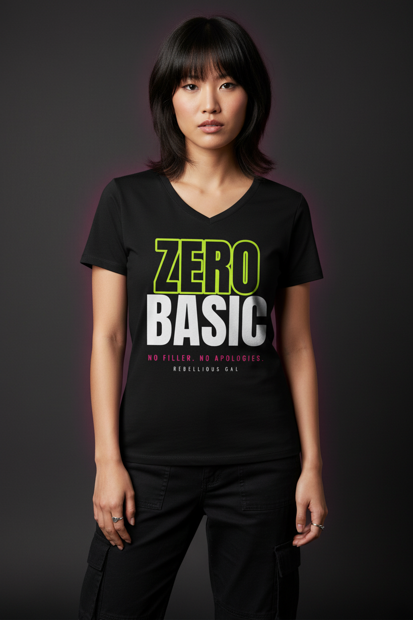 Woman with a shag cut in the black Zero Basic V-neck tee, cargo pants, silver rings