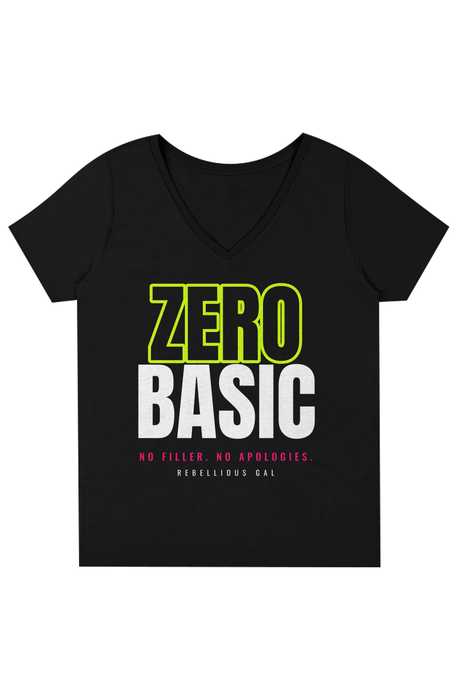 Black V-neck tee with Zero Basic in lime outline and white, and a pink tagline