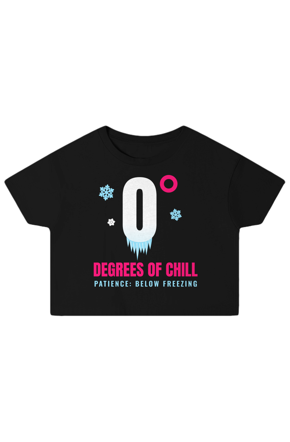 Black boxy crop top with a frozen zero degree sign and Degrees of Chill in pink