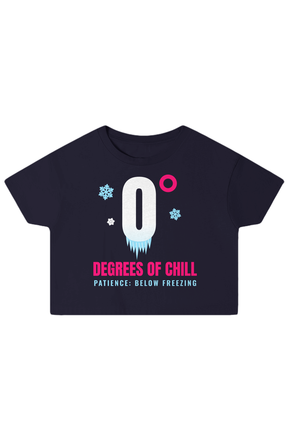 Navy boxy crop top with a frozen zero degree sign and Degrees of Chill in pink