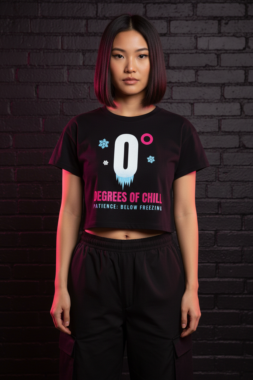 Woman with a sleek black bob in the black Degrees of Chill crop top, brick wall