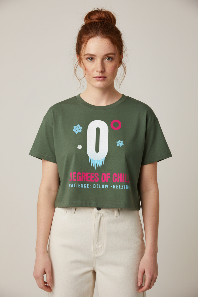 Woman with a red messy bun in the pine Degrees of Chill crop top, pale backdrop