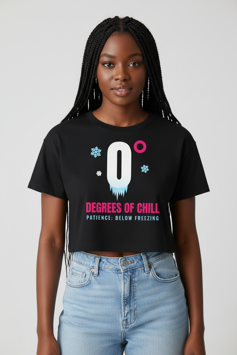 Woman with long box braids in the black Degrees of Chill crop top, studio backdrop