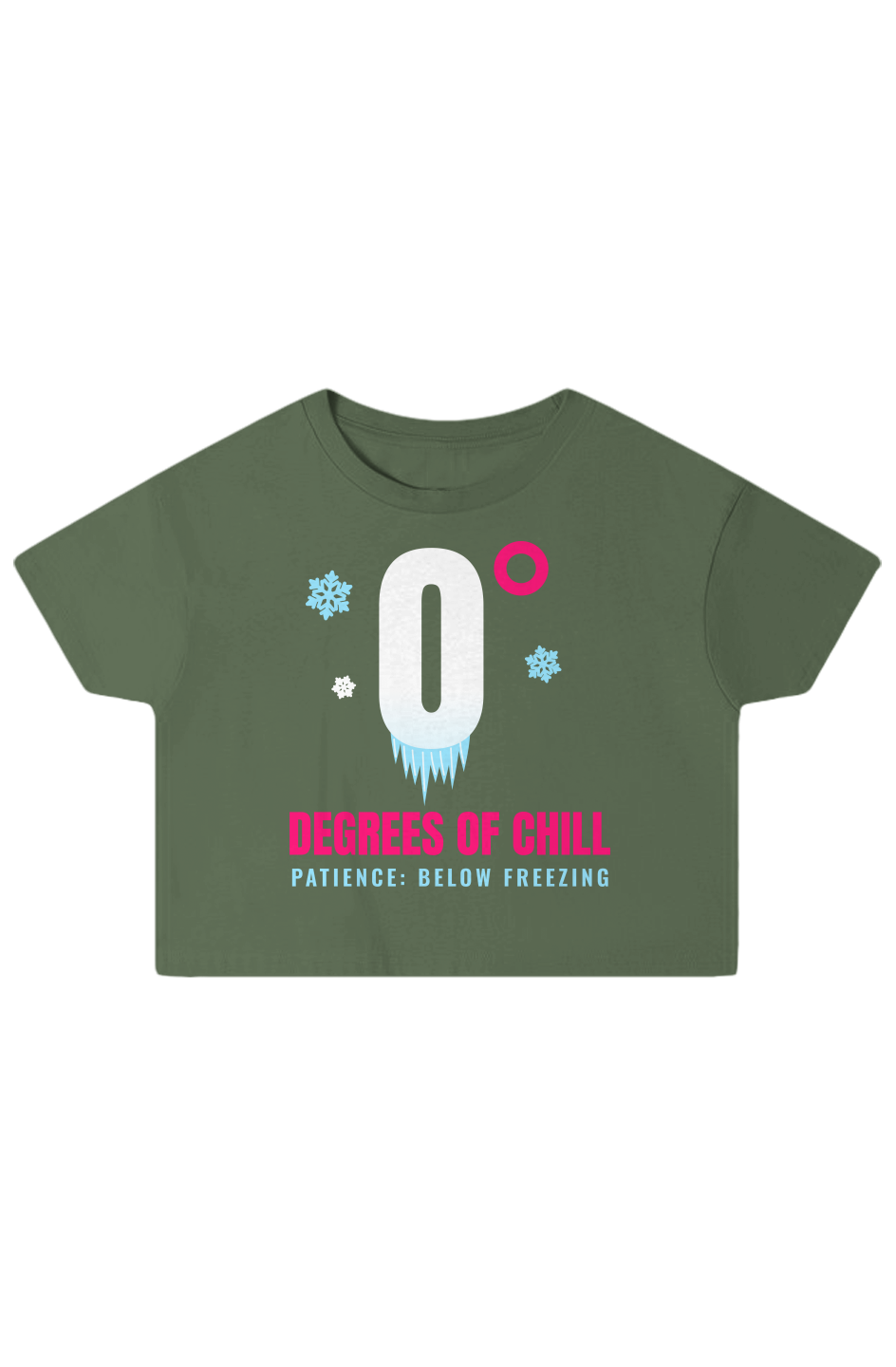 Pine boxy crop top with a frozen zero degree sign and Degrees of Chill in pink